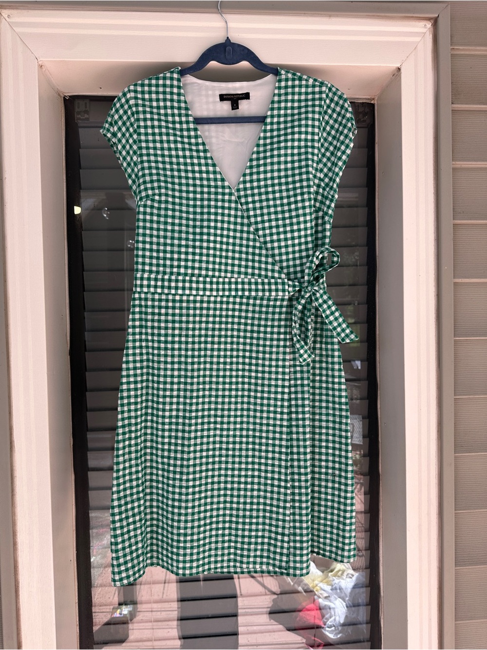 Banana Republic Linen Blend Green Gingham Wrap Midi Dress 8 - Picture 2 of 15